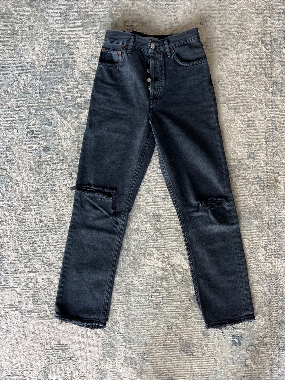 AGOLDE Black Straight-Leg Button-Fly Jeans with Knee Distress